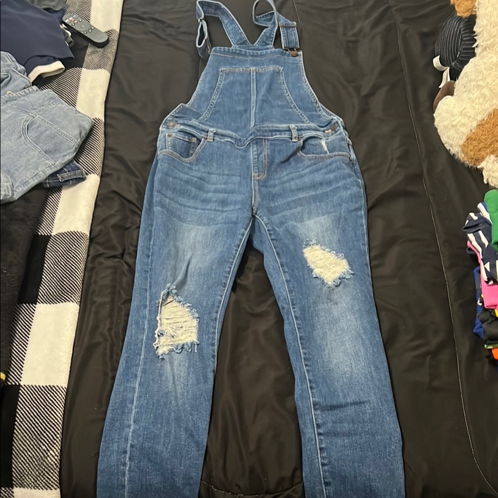New York & Company Blue Distressed Denim Overalls